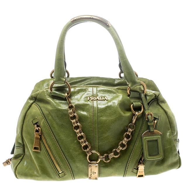 Prada Vitello Shine Bowler Green Leather Shoulder Bag
