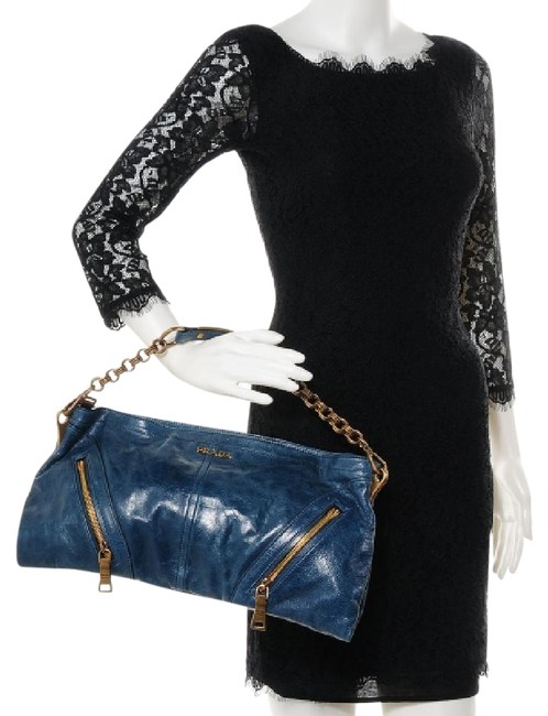 Prada Clutch Vitello Shine Convertible Denim Blue Leather Shoulder Bag
