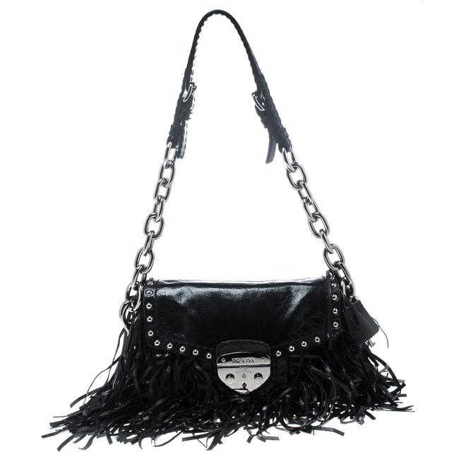 Prada Vitello Shine Fringe Black Leather Shoulder Bag