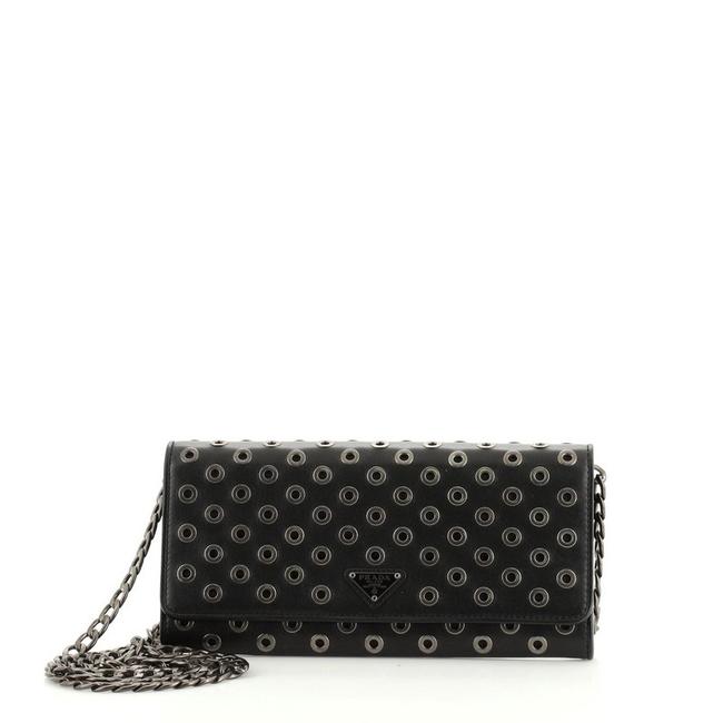 Prada Wallet on Chain Grommet Embellished Black Leather Shoulder Bag