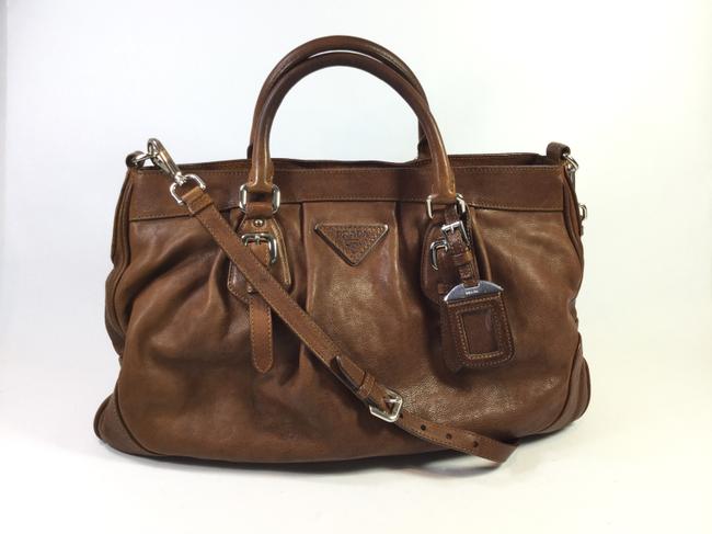 Prada Washed Buckle Cognac Brown Leather Shoulder Bag