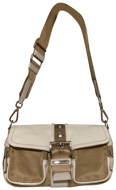 Prada White and Beige Nylon Leather Shoulder Bag