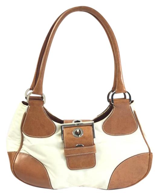 Prada White and Tan Nylon Leather Shoulder Bag