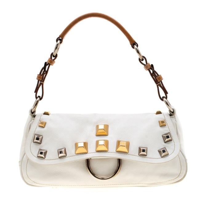 Prada WhiteTan Studded White Leather Shoulder Bag