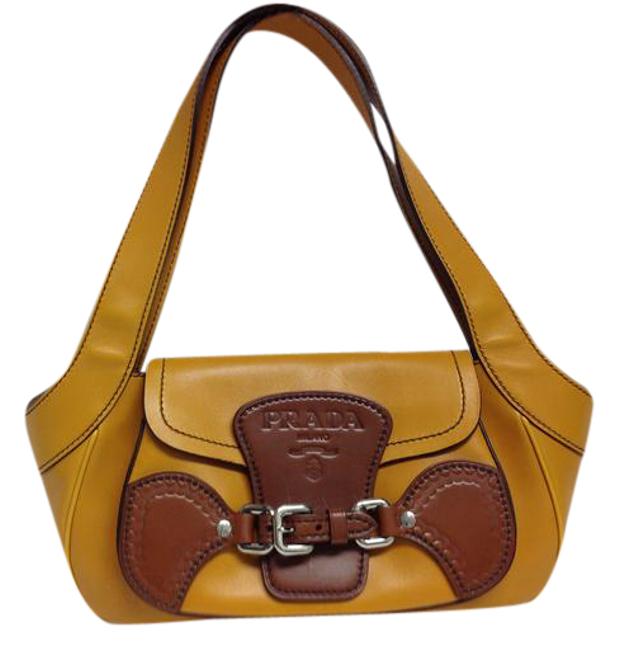 Prada With Brown Trim Mustard Leather Shoulder Bag