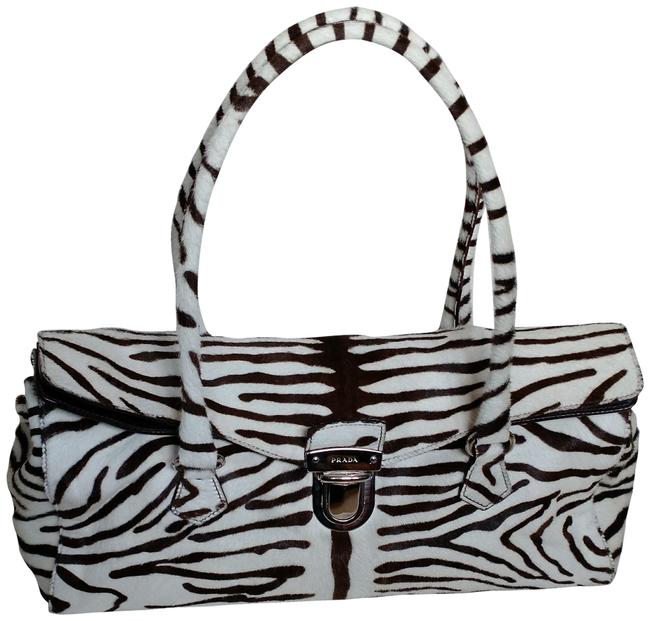 Prada Zebra Print Easy Bianco Baguette BrownWhite Calf Hair Shoulder Bag
