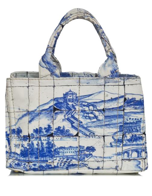 Prada Bag  Blue Landscape White Canvas Tote