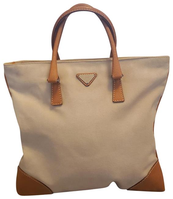 Prada And Leather Cream Canvas Tote