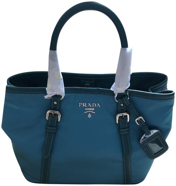 Prada And Leather Turquoise Nylon Tote