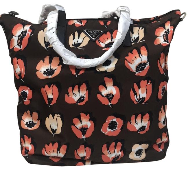 Prada B4696f Brown with Flower Print Tessuto Stampato Nylon Tote