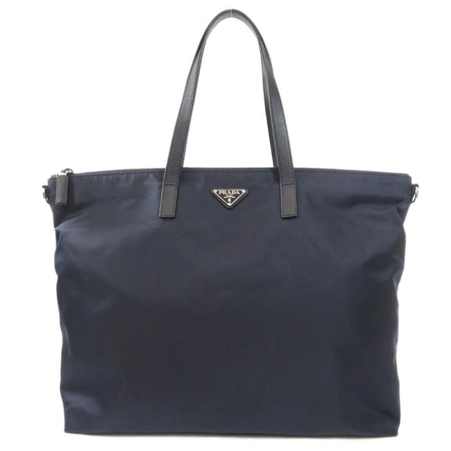 Prada Bag 2vg024 Logo Plate Leather Unisex Navy Nylon Tote