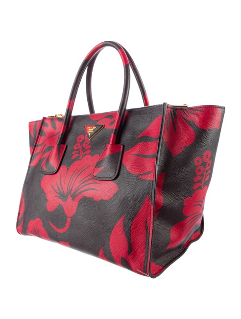 Prada Bag Double Saffiano Hibiscus Black and Red Leather Tote