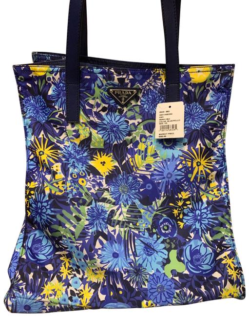 Prada Bag Floral BlueYellow Nylon  Leather Tote