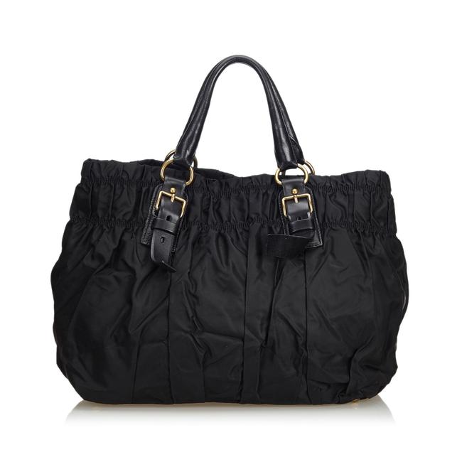 Prada Bag Gathered Nylon Black Leather Tote