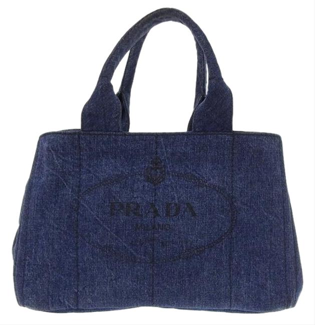 Prada Bag Genuine Kanapa Leather Blue Denim  Canvas Tote