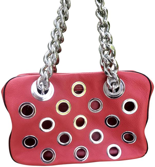 Prada Bag Grommet Chain Satchel Red Calfskin Leather Tote