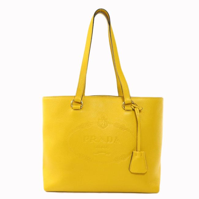 Prada Bag Logo Engraved Ladies Yellow Leather Tote
