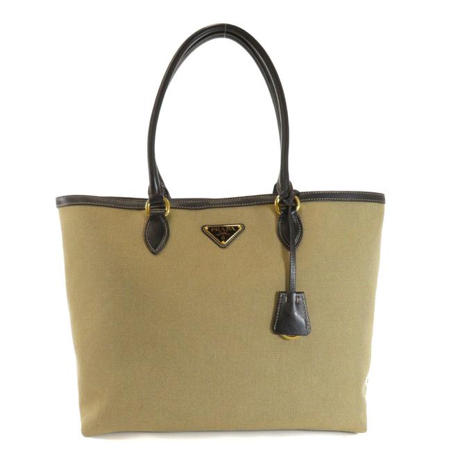 Prada Bag Logo Plate Ladies Beige Canvas Tote