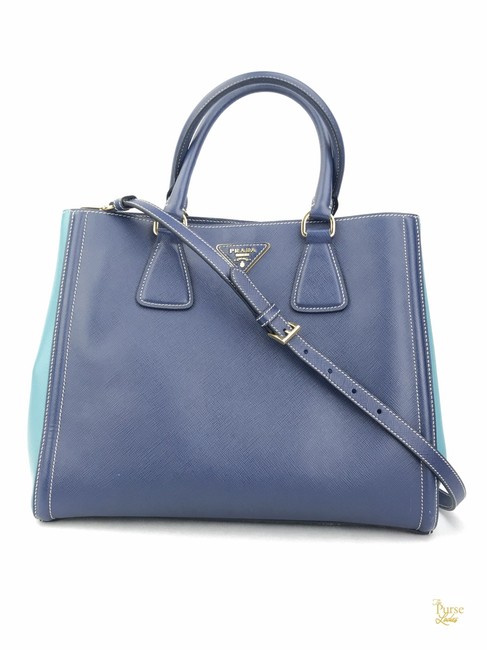 Prada Bag Lux 2 tone 2 way Convertible 29032 Blue Saffiano Leather Tote
