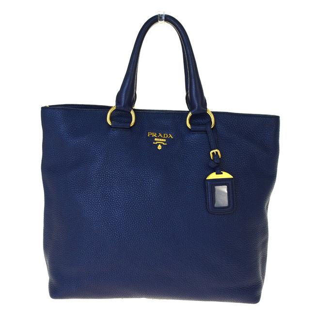 Prada Bag Milano Logos Shoulder Hand Gold Blue Leather Tote