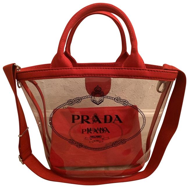 Prada Canapa Plexiglass Hemp Small Shopper Red Tote