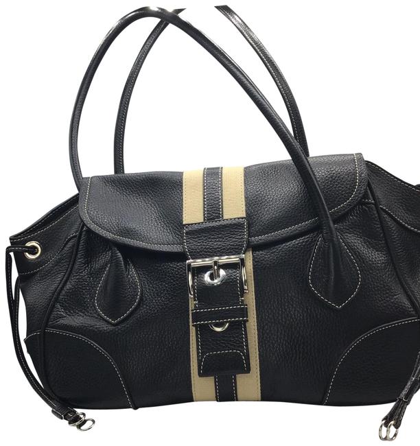 Prada Bag Vittello Daino Black with Tan Stripe Leather Tote