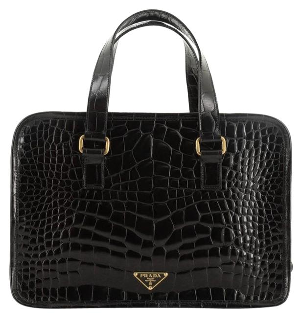 Prada Bauletto St. Cocco Lucido Handle Crocodile Embossed Black Leather Tote