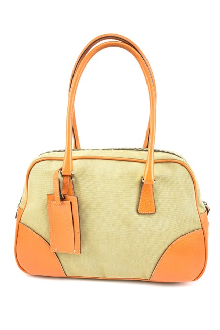 Prada Beige Canvas  Orange Leather Logo Mq Tote