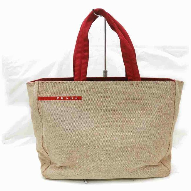 Prada Beige X Linen 872999 Red Canvas Tote