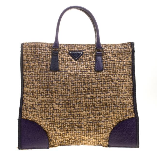 Prada BeigePurple and Leather Flat Beige Tweed Tote