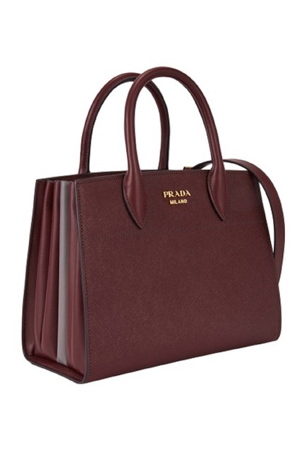 Prada Bibliotheque Saffiano City Gray Handbag Maroon Leather Tote