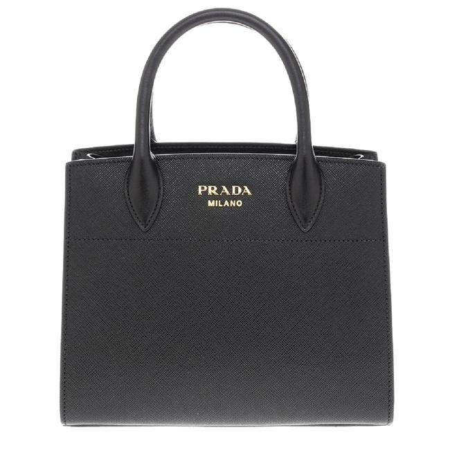 Prada Bibliotheque Saffiano City White 1ba049 Black Leather Tote