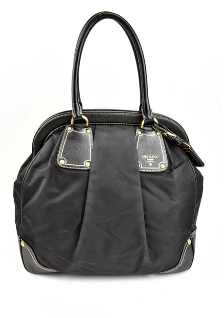 Prada Black Leather  Nylon Logo Large Nm Tote