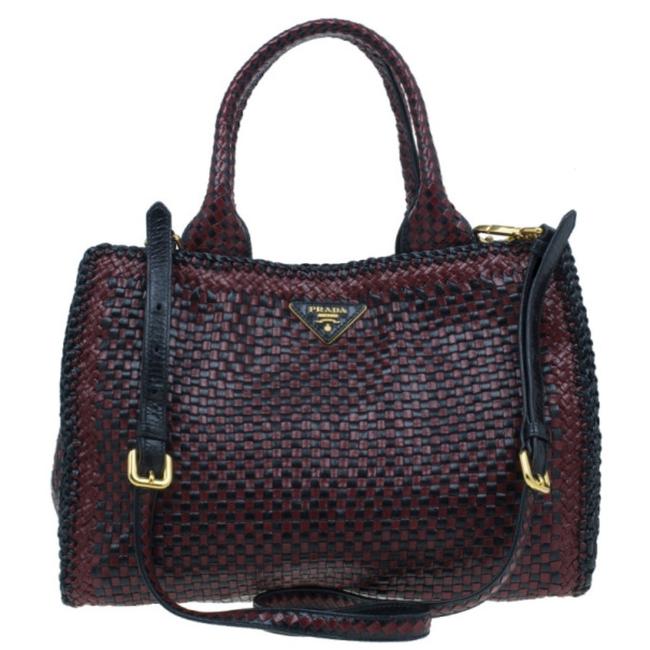Prada Black Maroon Woven Madras Red Leather Tote