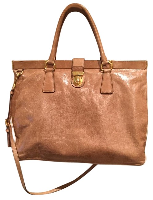Prada Borsa Cerniera Beige Vitello Shine Leather Tote
