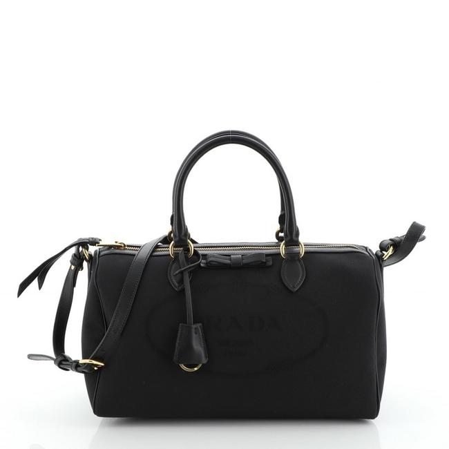 Prada Boston Bag Logo Convertible Medium Black Canvas Tote