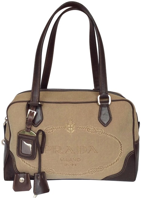 Prada Boston Satchel Brown Siege Canvas Leather Tote