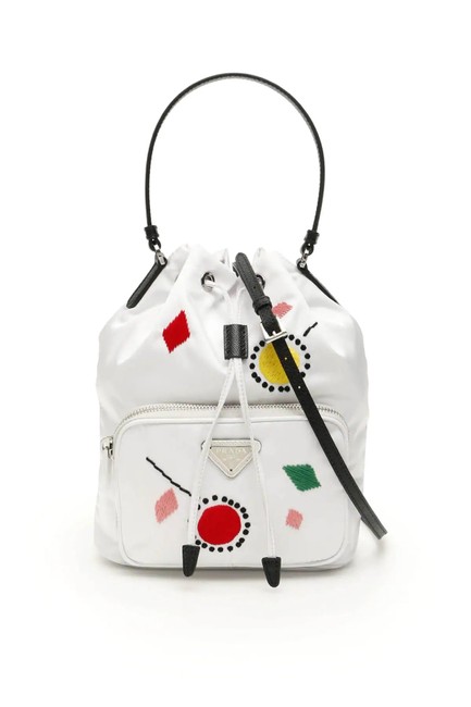Prada Bucket Bag Cr Dandelion Embroidery Mini White Leather Tote