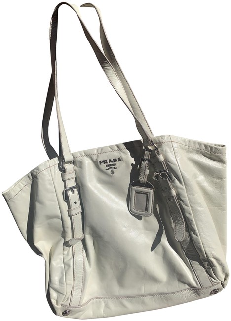 Prada Buckle Cervo Medium Cream Leather Tote