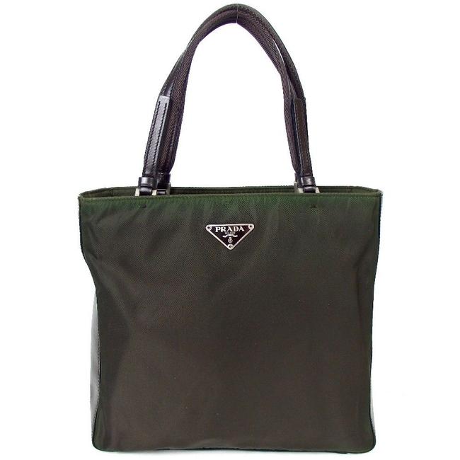 Prada Bag Buckle Leather Purse. Dark Green Nylon Tote