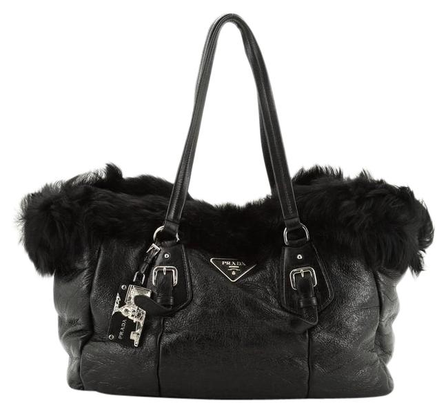 Prada Buckle Medium Black Leather and Fur Tote