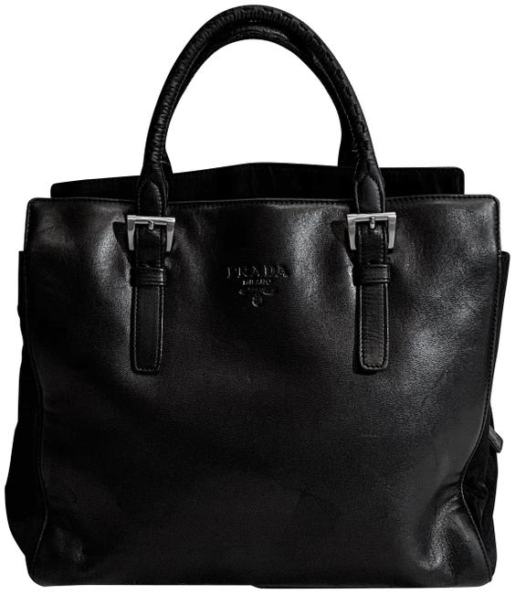 Prada Buckle Purse Black Leather with Nylon Tote