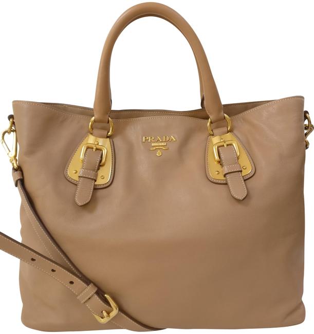 Prada Buckle Satchel Cross Body Beige Leather Tote