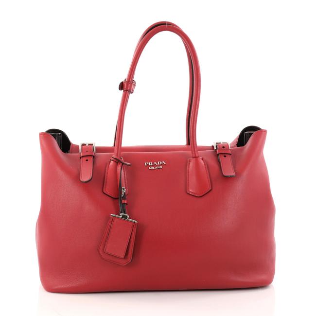 Prada Buckle Soft Large Red Calfskin Leather Tote