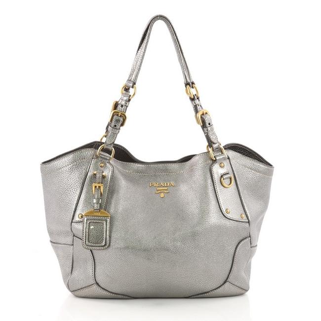 Prada Vitello Daino Buckle Medium Silver Metallic Leather Tote