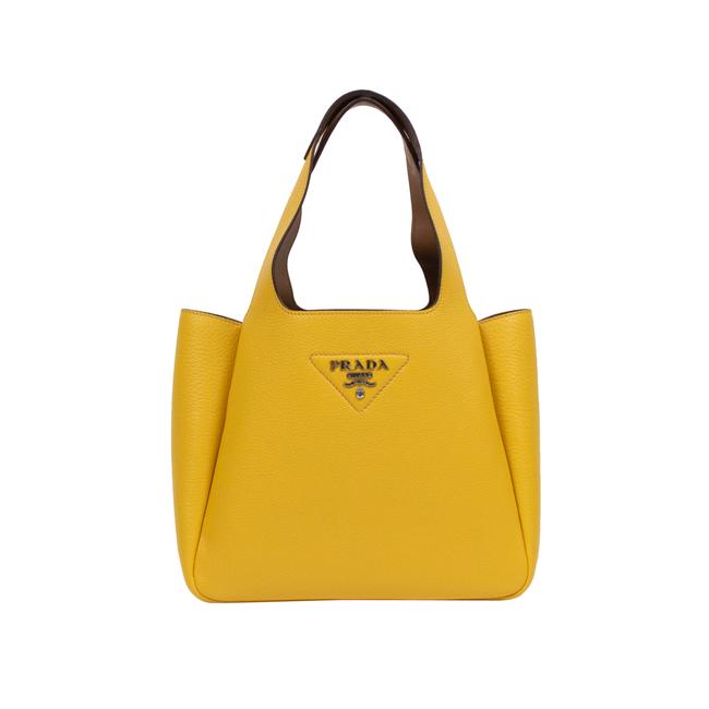 Prada Double Calf Top Handle Medium Handbag Yellow Leather Tote