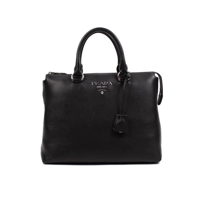 Prada Calf Dual Top Handle Medium Handbag Black Leather Tote