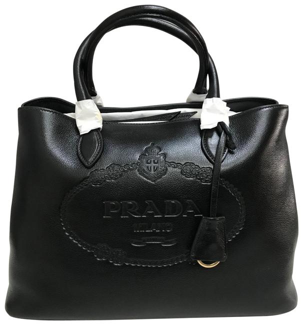 Prada Calf Logo 1ba579 Black Glace Calfskin Leather Tote