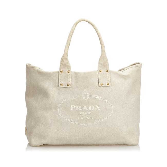 Prada Bag Canapa Ivory Fabric Italy White Canvas Leather Tote