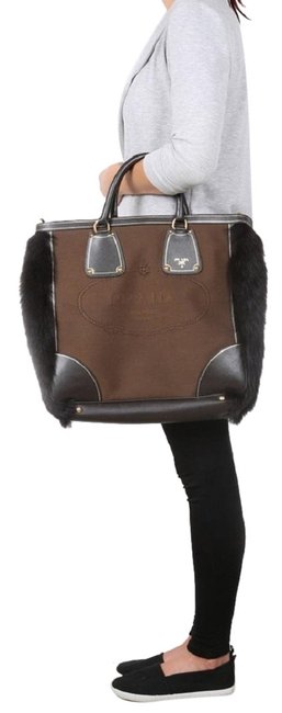 Prada Canapa Large Fur Logo Brown Canvas Tote